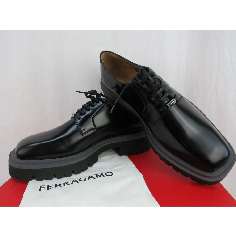 NIB FERRAGAMO FLICKER BLACK LEATHER LOGO PLATFORM LUG SOLE OXFORDS 9 M - Picture 10 of 13
